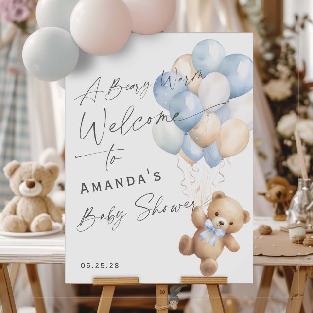 Moderne Bleu Nous pouvons Bealy Attendre Affiche d (Blue baby boy Shower We can bearly wait- welcome sign.)