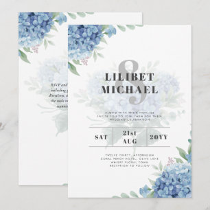 Moderne Blue Hydrangea Floral Faire-part de mariag