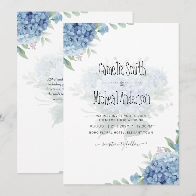 Moderne Blue Hydrangea Floral Faire-part de mariag (Devant / Derrière)