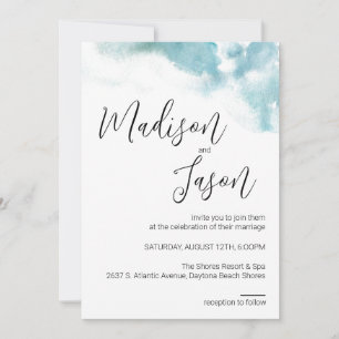 Moderne Blue Watercolor Plage Mariage Invitation