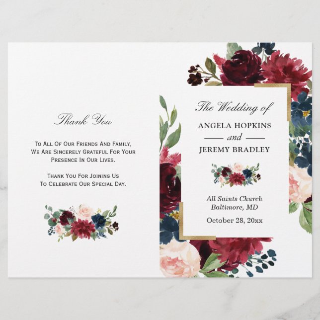 Moderne Bourgogne Floral Programme de mariage plié (Devant)