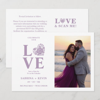 Moderne carte de mariage photo cœur floral mauve T
