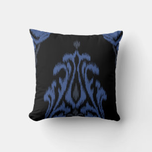 Moderne chic bleu noir damask ikat coussin