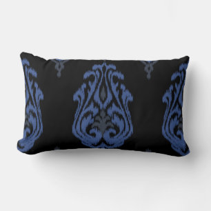 Moderne chic bleu noir damask ikat coussin