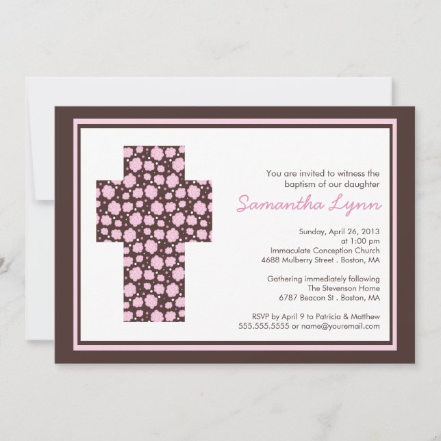Moderne Croix rose Brown Filles Baptême Invitation (Devant)