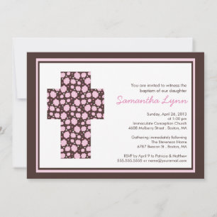 Moderne Croix rose Brown Filles Baptême Invitation