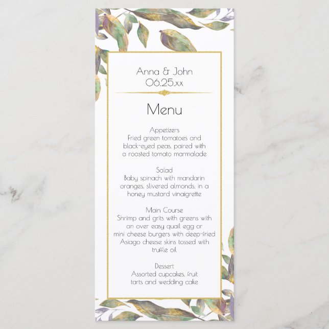 Moderne Dusty Purple Sage Green Gold Feuilles Menu (Devant)