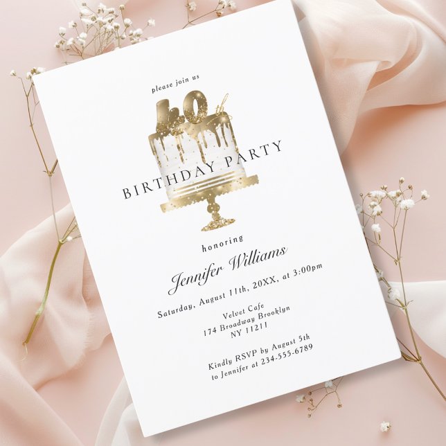 Moderne, élégant 40. invitation anniversaire (Modern, white & gold, elegant, 40.birthday invitation with cake illustration.)
