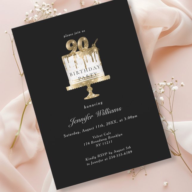 Moderne, élégant 90. anniversaire invitation noire (Modern, elegant, luxury, black & gold, 90. birthday invitation with cake illustration.)