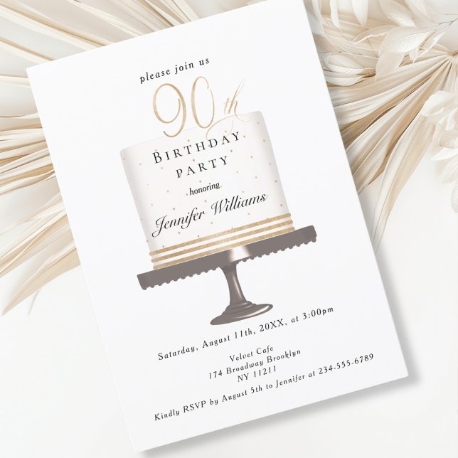 Moderne, élégant 90. invitation d'anniversaire (Modern, elegant, luxury, white & gold, 90. birthday invitation with cake illustration.)