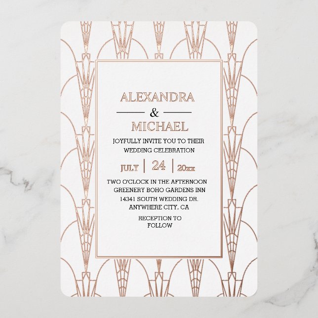 Moderne Elégant Art Déco Mariage Foil Invitation (Recto)