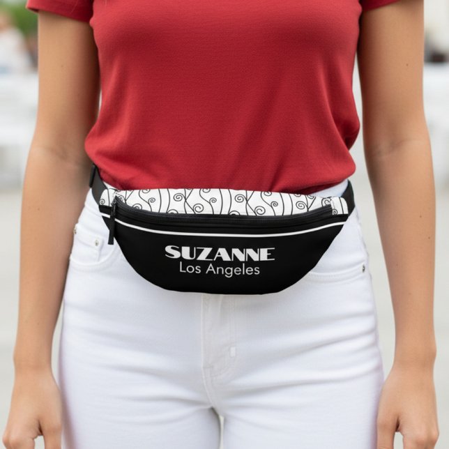 Moderne Elegant noir et blanc (black and white personalized fanny pack)