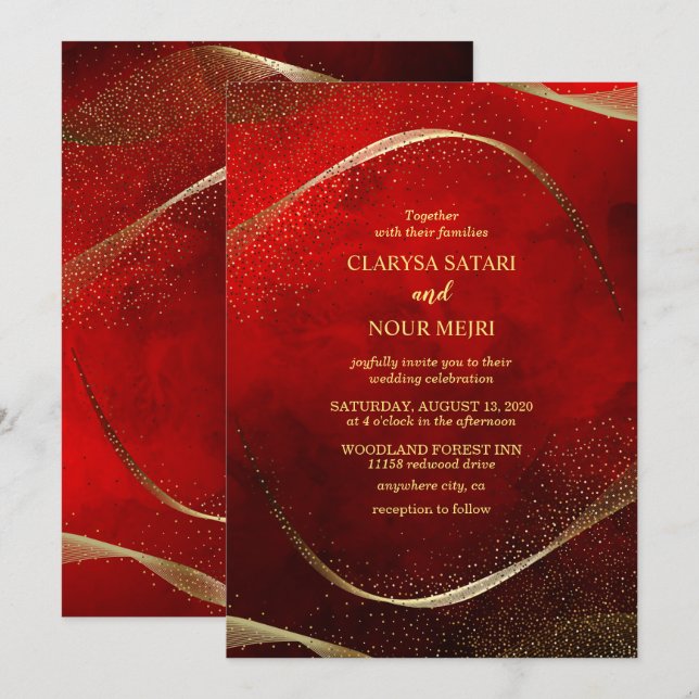 Moderne, élégant Or et rouge Invitation (Devant / Derrière)