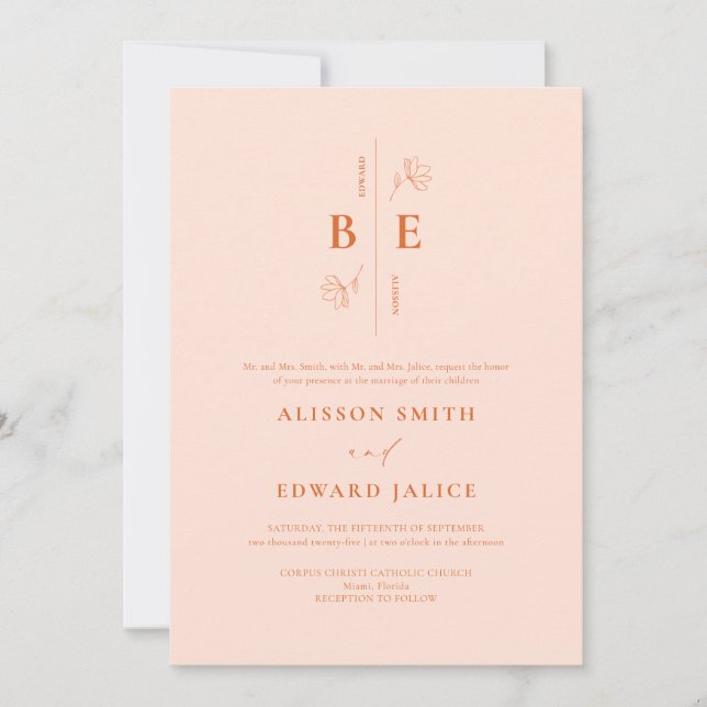 Moderne Elegant Peach Fuzz Faire-part de mariage (Devant)
