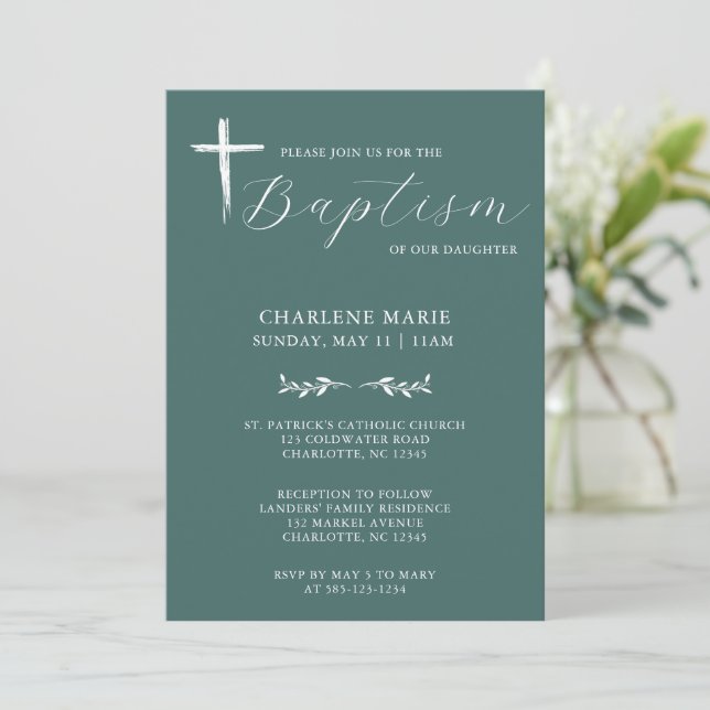 Moderne élégant Sage Green Baptême Invitation (Debout devant)