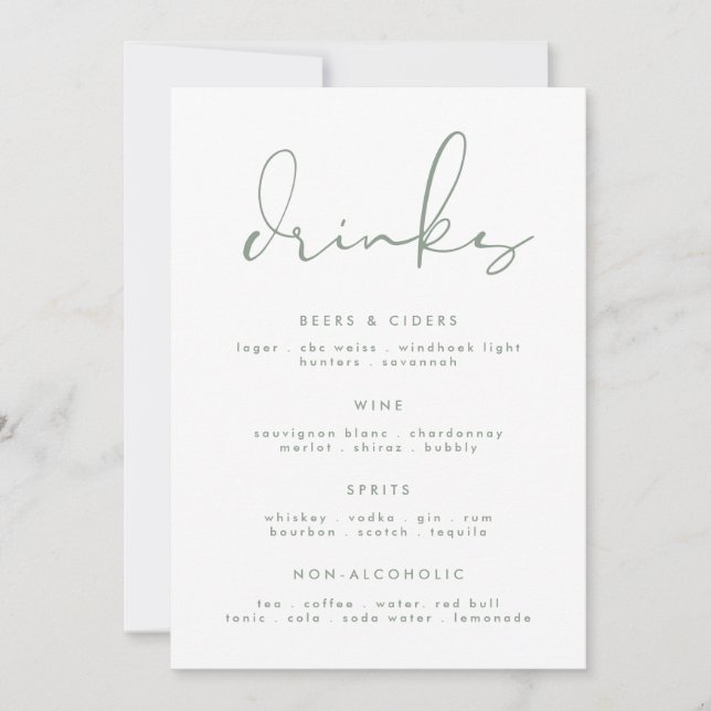 Moderne Elegant Sage Green White Mariage Menu bois (Devant)