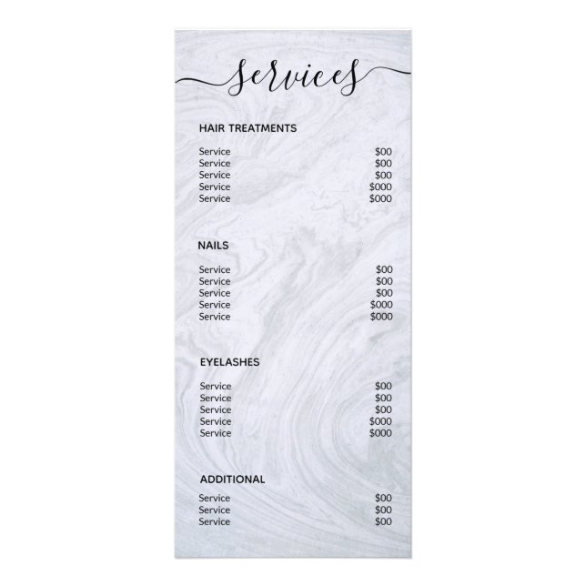 Moderne Élégant Simple Marbre Salon Service Menu (Dos)