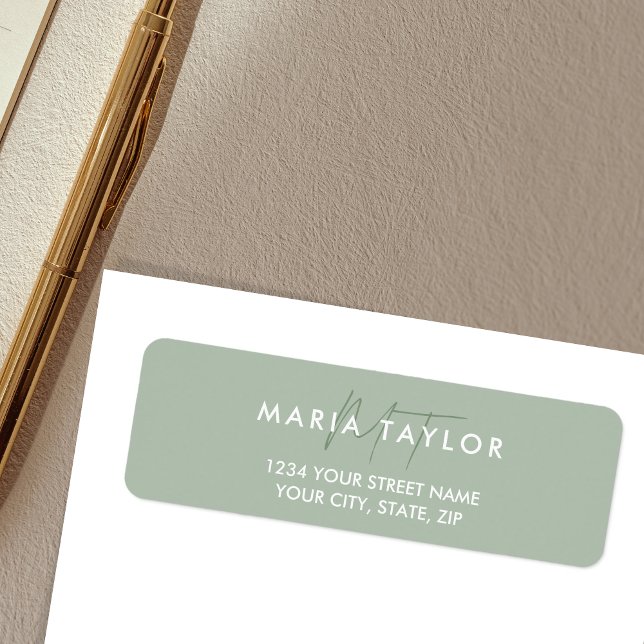 Moderne Élégant Simple Monogramme Style Sage (Simple Minimalist sage green monogram return address label)
