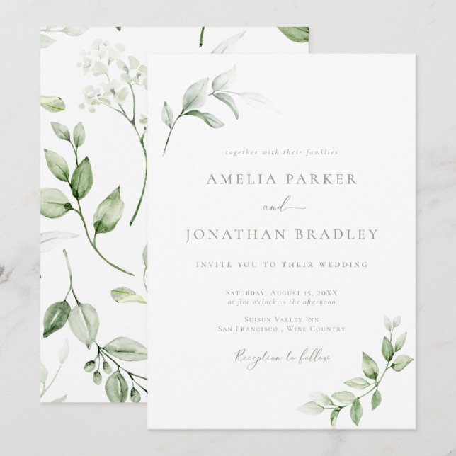 Moderne Elégante Verdure Mariage Invitations (Devant / Derrière)