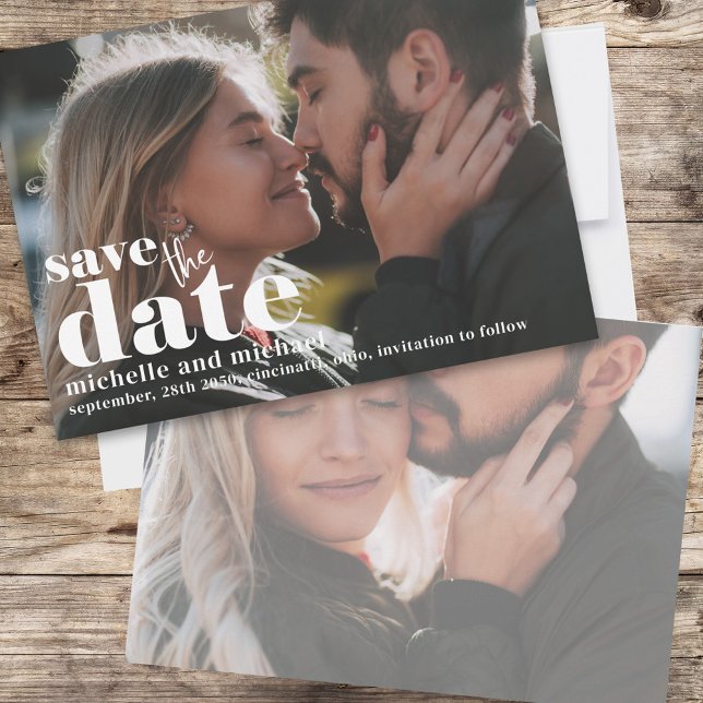 Moderne Enregistrer le Mariage Modèle photo date (A double-sided photo wedding save the date card.)