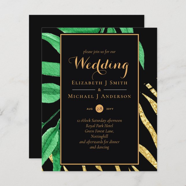 Moderne Feuille Tropicale Gold Black Mariage Budge (Devant / Derrière)