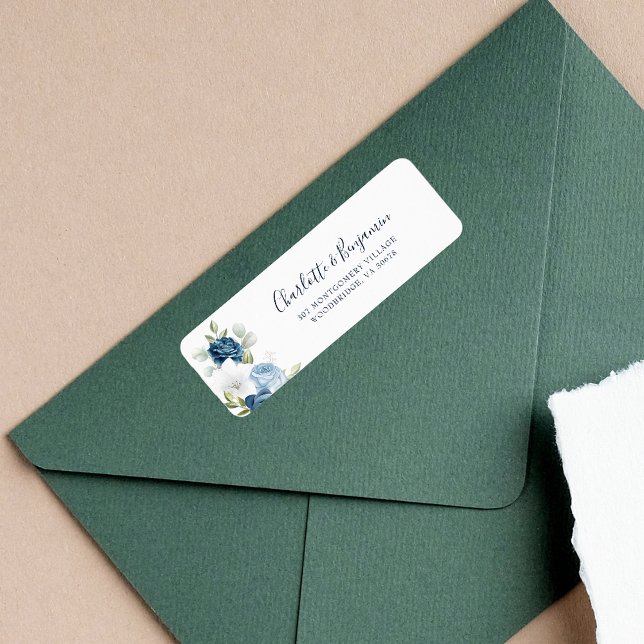 Moderne Floral Élégant Script Retourner (Dusty Blue Floral Return Address Label)