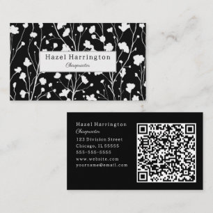 Moderne Floral QR Carte de visite noir et blanc