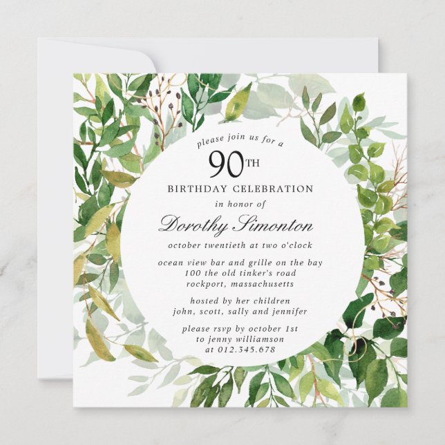 Moderne Green Botanical 90e Invitation d'anniversa (Devant)