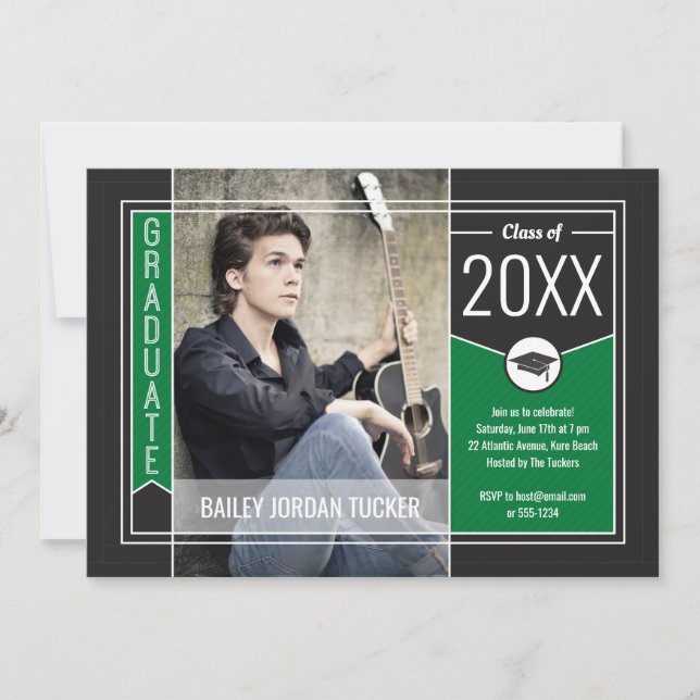 Moderne Green Graduate Photo Invitation de graduat (Devant)