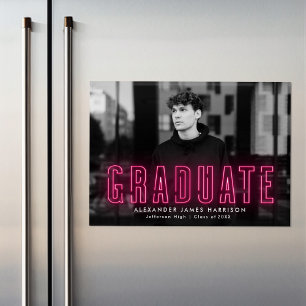 Moderne Hot rose Neon photo Faire-part de graduati