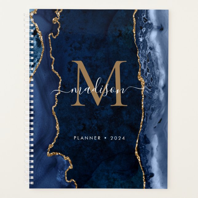 Moderne Marine Blue Gold Agate Géode Monogramme Sc (Devant)