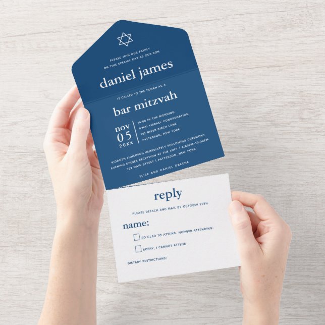 Moderne Mitzvah Marine Bleu TOUT EN UNE INVITATION (Déchirure)