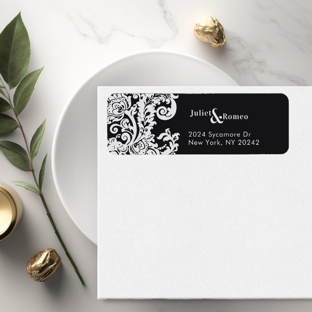 Moderne noir et blanc Élégant Damas Floral (modern black and white elegant floral damask wedding return address label)