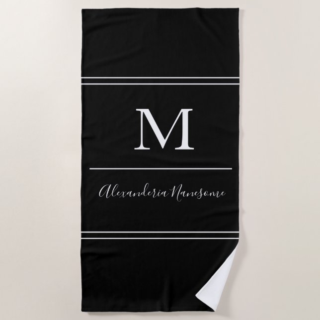Moderne Noir Monogramme Blanc Script Serviette de  (Devant)