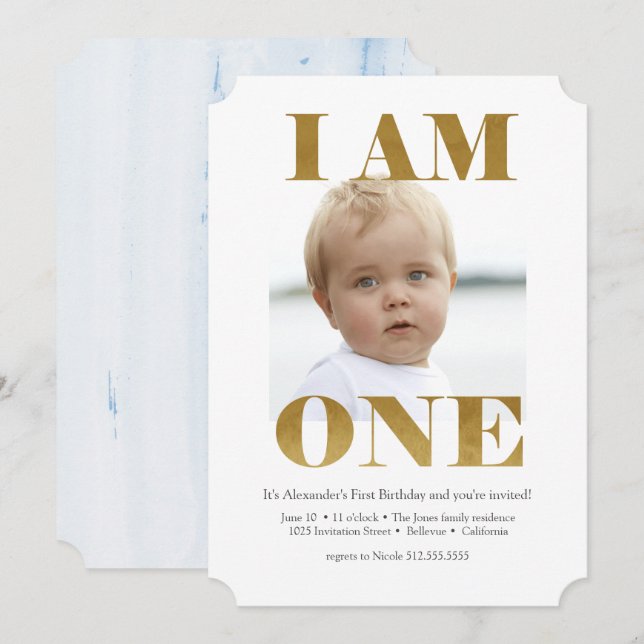 Moderne Pale Blue + Or 1er anniversaire Invitation (Devant / Derrière)