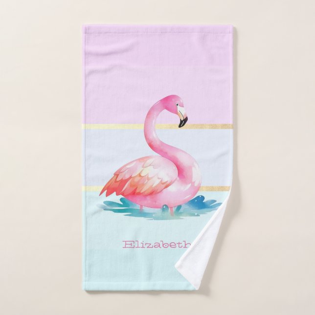 Moderne Pastel rayé, Flamants roses roses (Serviette à main)