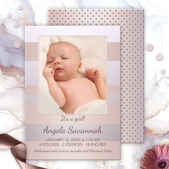 Moderne Pastel Striped Baby Girl Photo Faire-part (Baby girl photo announcement featuring your own favorite photo, framed by soft pastel peach and pink)
