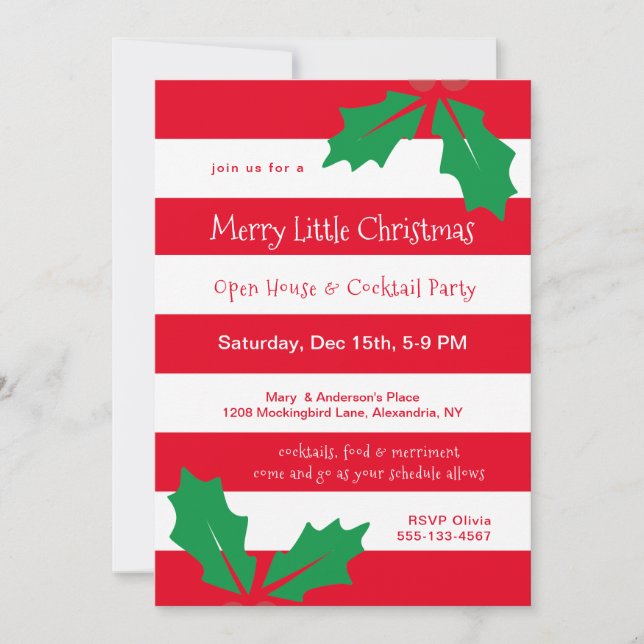 Moderne Red Stripes Holly Fête Invitation (Devant)
