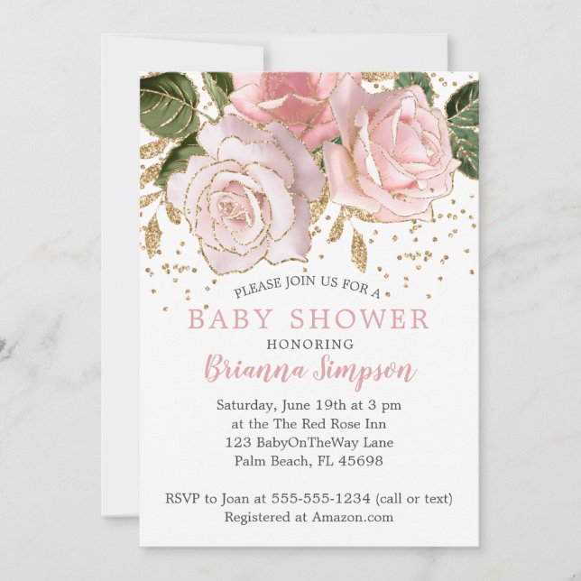 Moderne rose floral bébé fille douche Invitations (Devant)