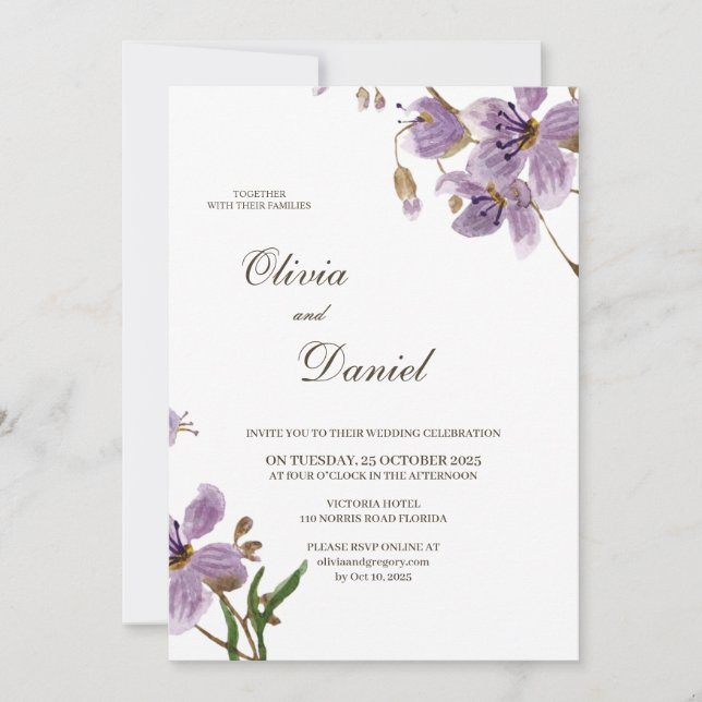 Moderne Rustique Fleurs violettes Faire-part de ma (Devant)