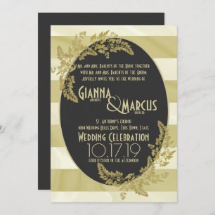 Moderne Stripe and Golden Leaf Wedding Invitation