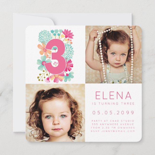 Moderne TROIS 3ème anniversaire Carte photo filles (Devant)