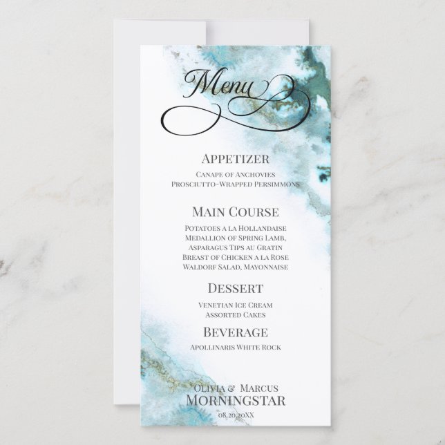 Moderne Turquoise Aquarelle Moss Agate Menu (Devant)