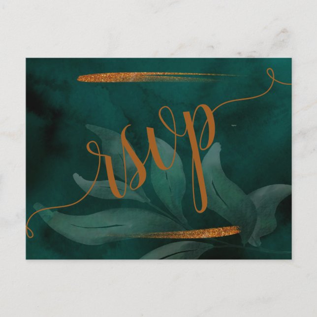 moderne vert émeraude et feuille RSVP carte postal (Devant)