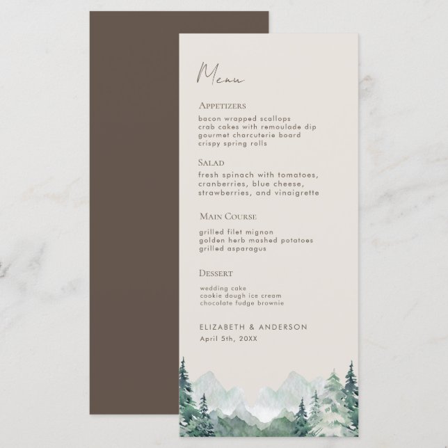 Moderne Watercolor Mountains Dîner Mariage Menu (Devant / Derrière)