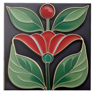 Modernist Art Nouveau Faux Relief Bold Red Flower Tile