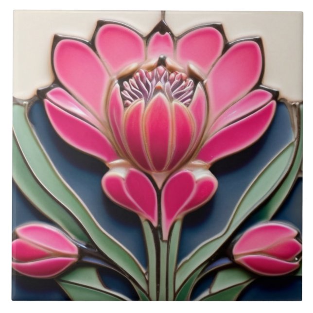 Modernist Art Nouveau Protea Flower Hot Pink Tile (Front)