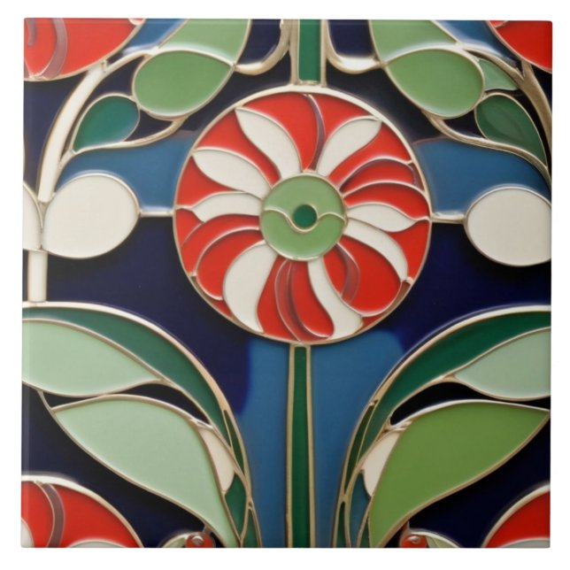 Modernist Art Nouveau Round Red Flower Floral Tile (Front)