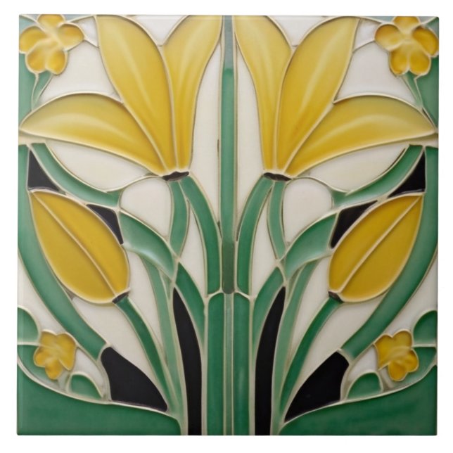 Modernist Art Nouveau Yellow Tulip Flowers Tile (Front)