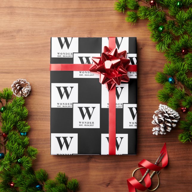 Modernist Monogram black minimalist Wedding  Wrapping Paper (Holiday Gift)